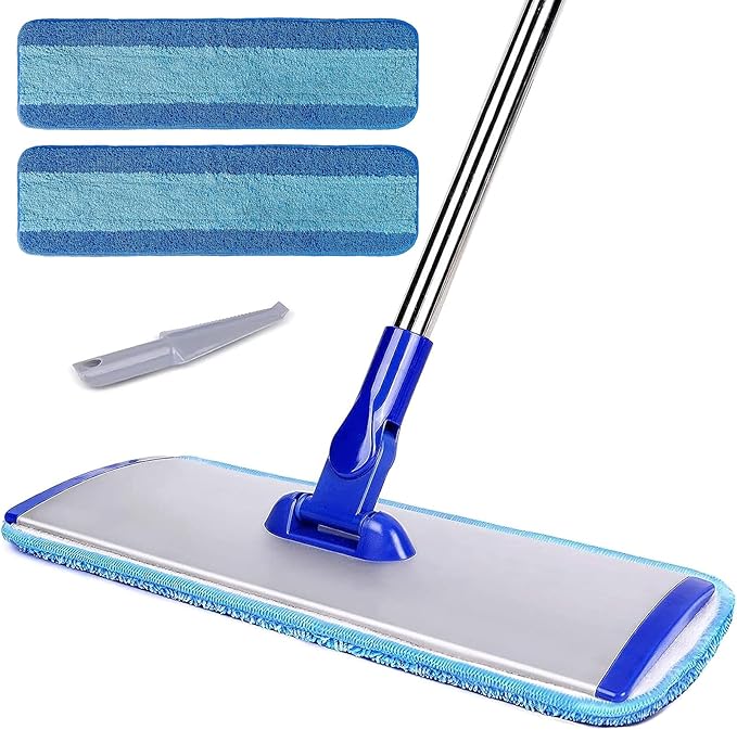 Professional 18 Microfiber Mop - Flat Mop with Stainless Steel Handle 2 Reusable Washable Pads Hardwood &amp Laminate (Blue)