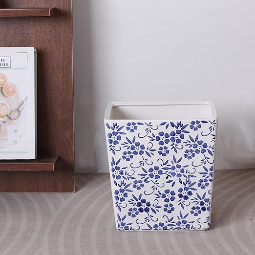 Blue and White Floral Ceramic Trash Can – 2.5 Gallon Small Bathroom &amp Kitchen Garbage Bin Decorative Waste Basket for Bedroom Office Hotel – Elegant Floral Design Heavy Duty (9 Liter Gift Ide