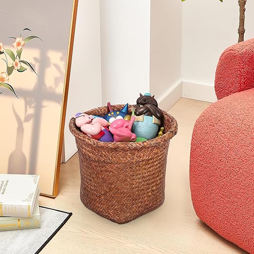 Cabilock Straw Woven Wastebasket 10.43 Inch Round Open Top Wicker Trash can Storage Bin for Bathroom Office Home Organization