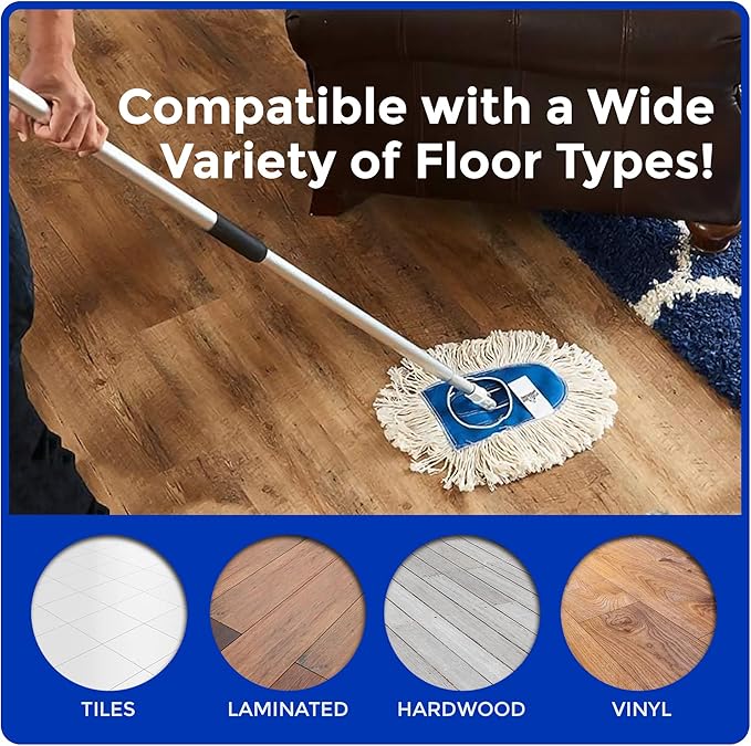 Nine Forty Heavy Duty Industrial-Strength Cotton Wedge Dust Mop Head w/ Handle - Home &amp Commercial Hardwood Floor Cleaning - Designed for High-Performance Janitorial &amp Housekeeping Tasks