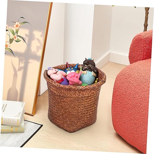1pc Straw Woven Wastebasket Natural Design Office Trash Container Home Trash Can