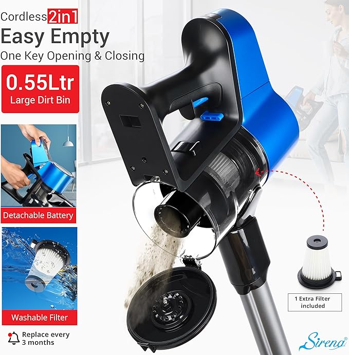 Sirena Proflex PetVac 2-in-1 Cordless Stick Vacuum Cleaner with Motorized Pet Brush for Pet Hair Removal Multi-Surface Cleaning and Portable Convenience