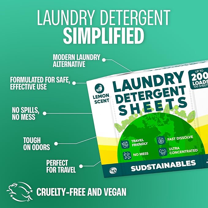 Sudstainables Laundry Detergent Sheets 200 Loads – Dissolvable Laundry Sheet for Washing Machines Compact Alternative to Liquid &amp Powder Detergent Travel-Friendly Soap | Lemon