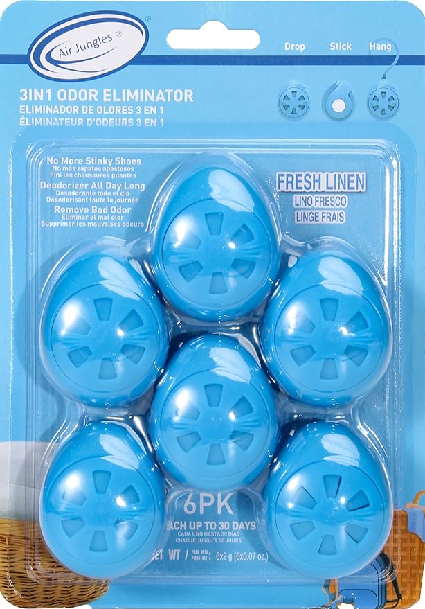 Air Jungles 3-in-1 Fresh Linen Odor Eliminator Balls 6 Count New Car Scent Car Air Freshener Clip 6 Vent Clips and 3in1 Leather Cleaner Wipes 70 Count