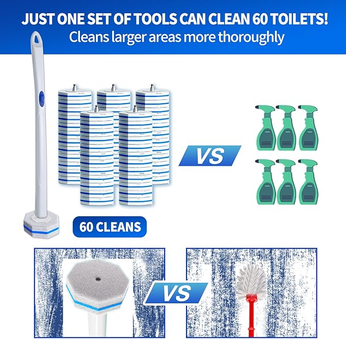 Disposable Toilet Brush Set with 60 Replacement Heads Toilet Cleaning Replacement Pads Starter Kit with Storage Case for Deep Cleaning and Hygienic Bathroom Maintenance