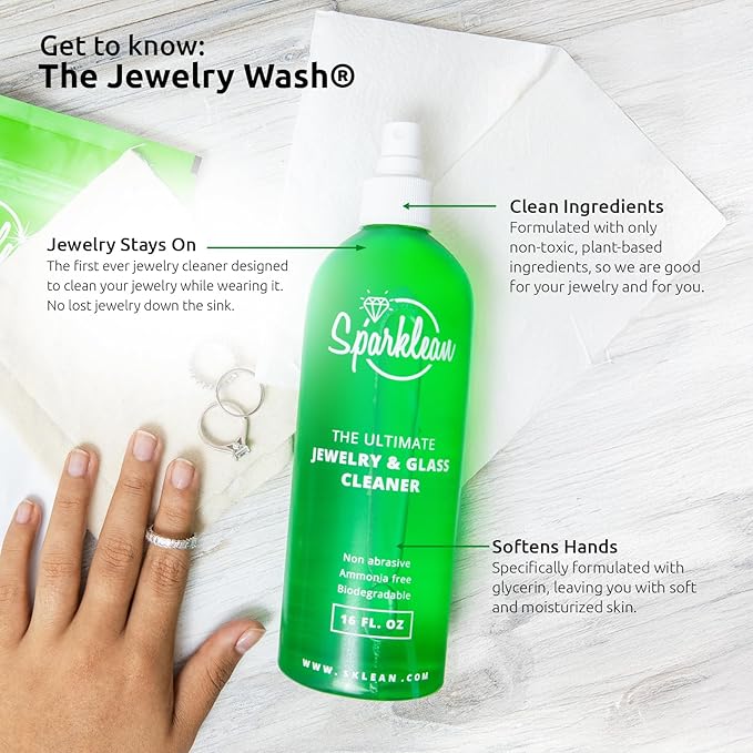 SPARKLEAN Jewelry &amp Glass Cleaner Spray (32 Oz) - Biodegradable Ammonia-Free Solution for Gold Silver &amp Diamond Rings - Safe for Ultrasonic Machines - Eco-Friendly - Bulk Size