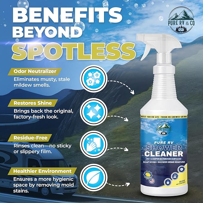 RV Shower Cleaner for Removing Hard Water Marks Soap Scum Stains Bleach and Ammonia-Free Formula Safe for Plastic &amp Fiberglass Low Odor Formula with Citrus Scent (32 oz)