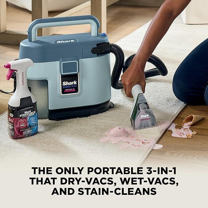 Shark EveryMess Ultra-Powerful 3-in-1 Wet Vac Dry Vac &amp Stain Eliminator with StainForce Technology Perfect for Homes Pets and Cars 3 Accessories and Cleaning Solution Gray VX101