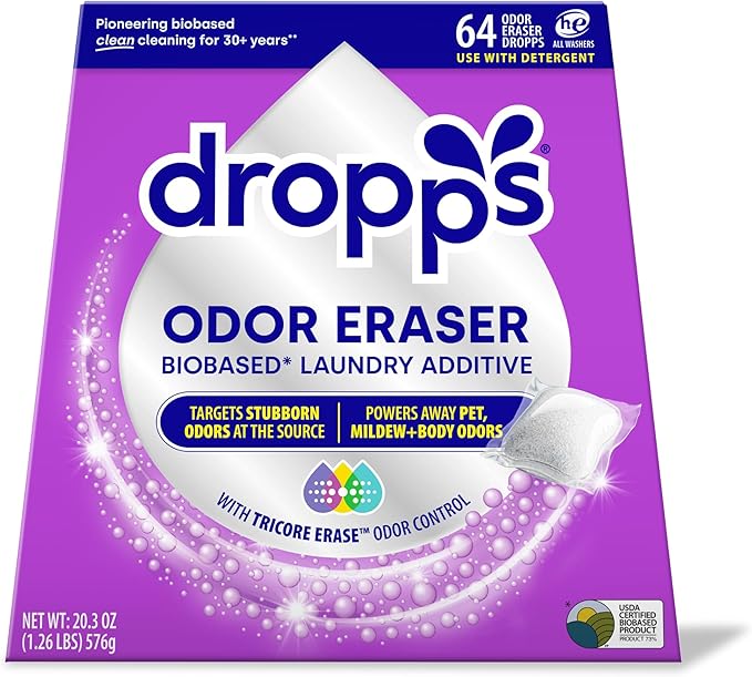 Dropps Odor Eraser Pods (64 Count) - Powered by TriCore Erase | Use With Detergent | Odor Remover | For Sweat Musty Towels Mildew Pet &amp Body Odors | Clean Laundry Booster | Plastic-Free Packagi