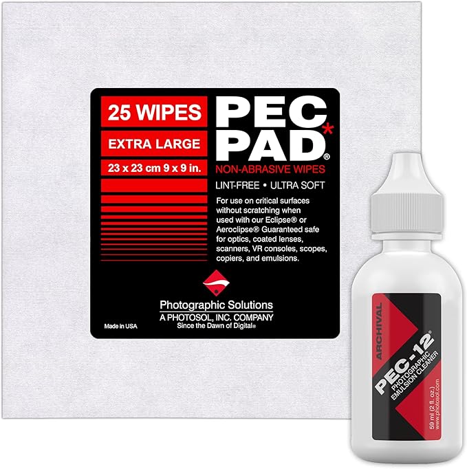 PEC-PAD (Extra Large) Non-Abrasive 9 x 9 Lint Free Wipes and PEC-12 Photographic Emulsion Cleaner - for Non-Water Based Stain for Cleaning Film Photo Negatives B&ampW Slide - (59ml) 2oz