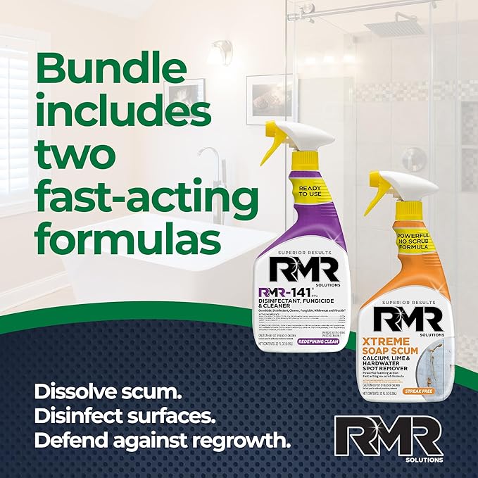 RMR Polish &amp Protect Bundle – Xtreme Soap Scum Remover + RMR-141 EPA Registered Mold &amp Mildew Spray 2-Step Clean &amp Disinfect System for Buildup Hard Water Tile Surfaces Glass 2–32 Oz