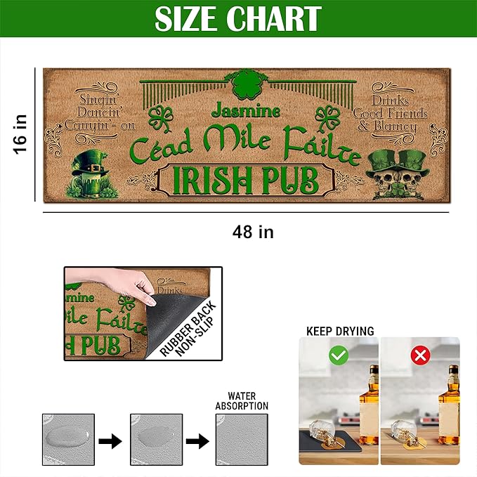 THUYPT Personalized Irish Bar Mat St Patrick's Day Decorations Kitchen Counter Irish Bar Dish Drying Mat Patrick's Lucky Shamrock Quick Drying Spill Mats (09)