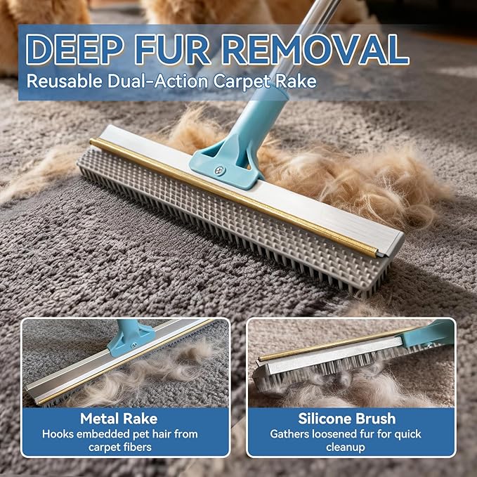 BFNN Carpet Rake for Pet Hair Removal | Reusable Dual-Action Carpet Broom Tool with Metal Scraper &amp Silicone Brush | 54 Adjustable Handle | 3Pcs Cat &amp Dog Fur Cleaning Kit for Rugs Couch &am