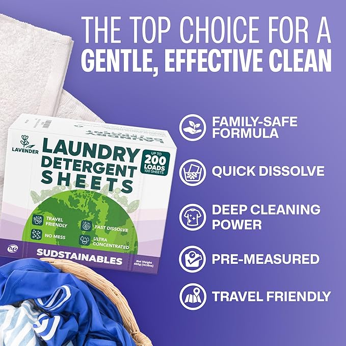 Sudstainables Laundry Detergent Sheets 200 Loads – Dissolvable Laundry Sheet for Washing Machines Compact Alternative to Liquid &amp Powder Detergent Travel-Friendly Soap | Lavender