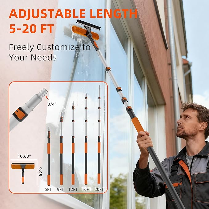26FT High Window Cleaning Kit with Pole 2-in-1 Window Squeegee with 5-20 FT Telescoping Extension Pole - Professional Window Washing Kit with Long Handle Multi-Use Cleaning Tool for High Windows