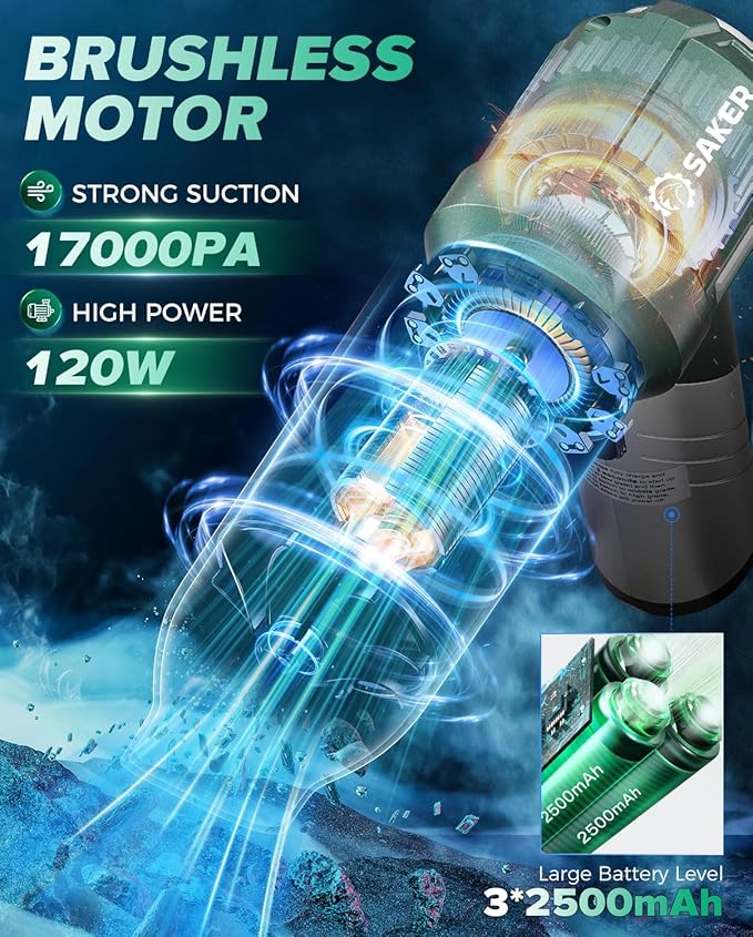 Saker Foldable Handheld Car Vacuum Cleaner Portable Cordless 17000PA High Power Mini Vacuum Cleaner and Air Duster with Brushless Motor for HomeCarsOffice Cleaning HL133 Olive Green