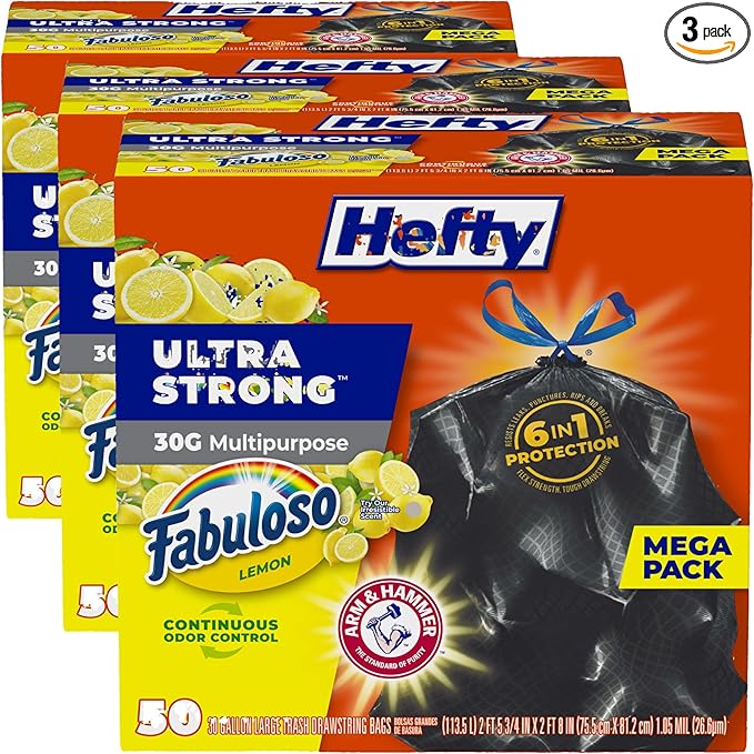 Hefty Ultra Strong 30 Gallon Trash Bags Large Size Multipurpose Break Resistant Drawstring Closure Resists Leaks Punctures and Tears Black Fabuloso Lemon Scent 50 Bags (Pack of 3)