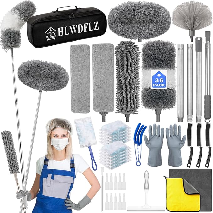 Microfiber Duster Kit 36pcs with 30 to 100 in Extension Pole and Ceiling Fan Cleaner Duster Washable and Bendable Feather Duster for Cleaning Ceiling Fans High Ceilings Blinds Grey