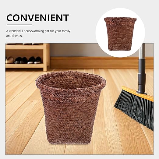 Straw Woven Wastebasket Small Trash Can Coffee Color Medium Size Household Office Waste Paper Basket for Bedroom Bathroom Countertop Use