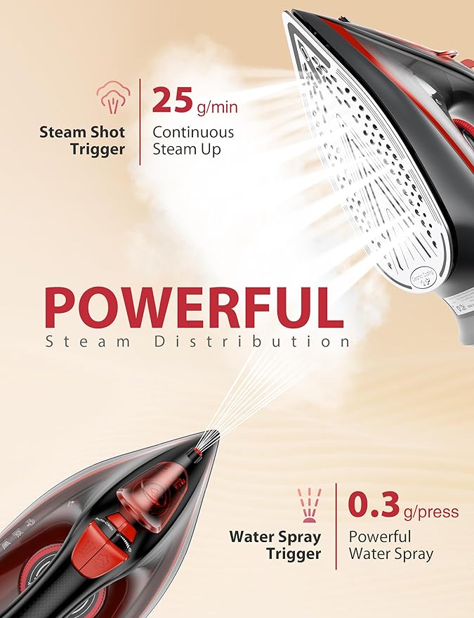 Steam Iron for Clothes 3-Way Auto Shutoff Ceramic-Coated Soleplate with Burst Steam Anti-Drip and Anti-Calc Self-Cleaning 1500W Powerful for Home Use