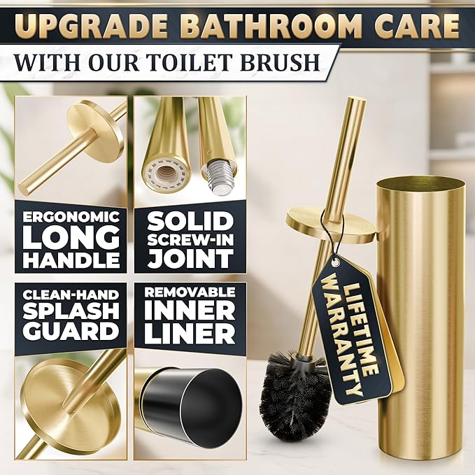 Gold Toilet Brush and Holder Set - Brushed Stainless Steel Gold Toilet Bowl Brush and Holder with Replacable Head Removable Inner Bowl and Splash Protection - Dense Bristles for Through Cleaning