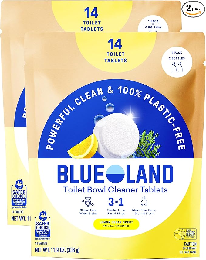 BLUELAND Toilet Bowl Cleaner Tablets 2-Pack 28 Count Lemon Cedar Plastic-Free No Harsh Chemicals Plant-Based