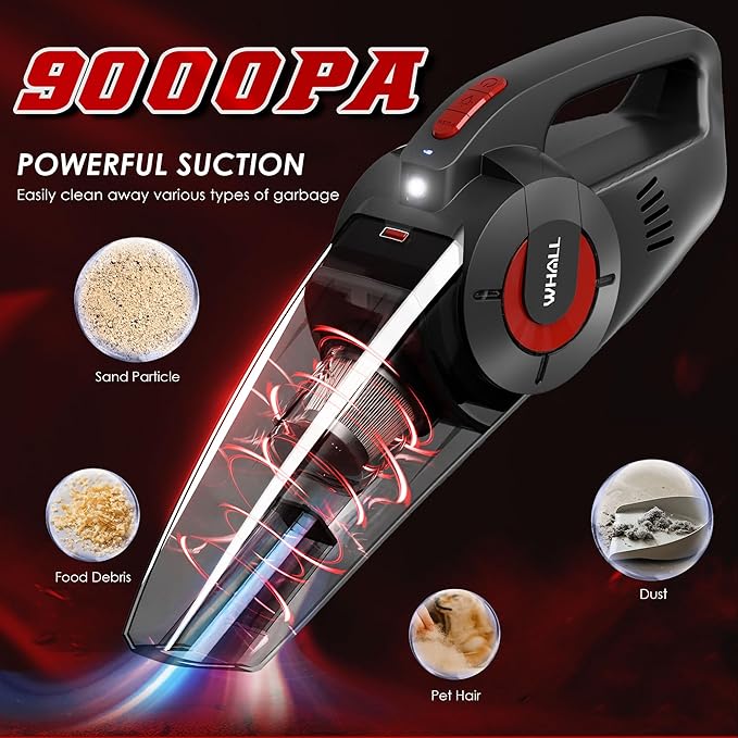 whall Handheld Cordless Car Vacuums Wet and Dry Use 9000Pa Strong Suction Vacuums Rechargeable Portable Vacuum Cleaner with LED Charging Dock Lightweight Mini Vacuum for Car Home and Office Red