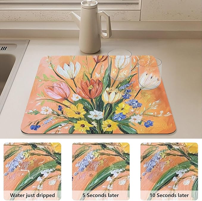 flower Sunflower Peach Drying Dish Mat Absorbent Diatomaceous Earth Mat Drying Mat for Dishes Rubber Backed Kitchen Drainer Mat Household Essentials