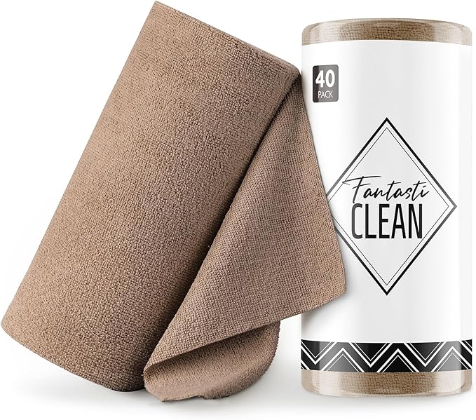 Fantasticlean Microfiber Cleaning Cloth Roll -40 Pack Tear Away Microfiber Towels 12 x 12 Reusable Washable Scratch Free Ultra Absorbent for All-Around Cleaning Supplies (TAN)