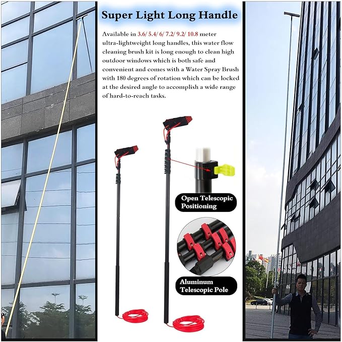High Window Cleaning Brush with Telescoping Rod Water Fed Pole and 180° Rotatable Head Solar Panel Cleaner for House Siding/Trucks Glass 19.7ft Pole
