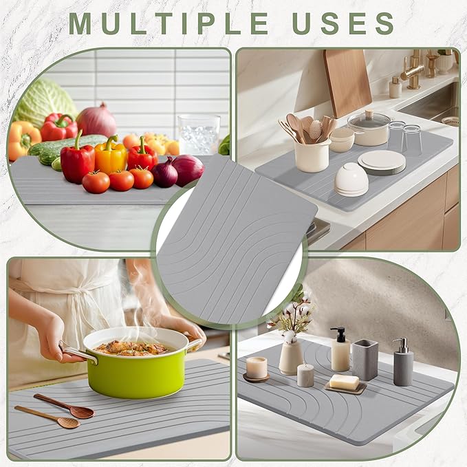 Large Stone Drying Mat for Kitchen Counter 24 × 16 Diatomite Dish Drying Mat Quick Dry Stone Mats Ultra Absorbent Natural Diatomaceous Earth Mats for Dished Bottles Dark Grey