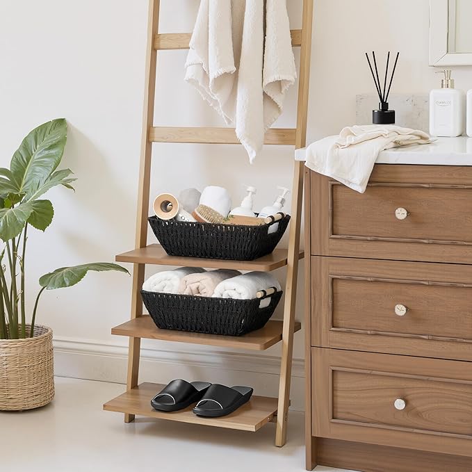 StorageWorks Large Wicker Storage Basket for Organizing with Wooden Handles Toilet Paper Baskets for Shelf Black 2-Pack