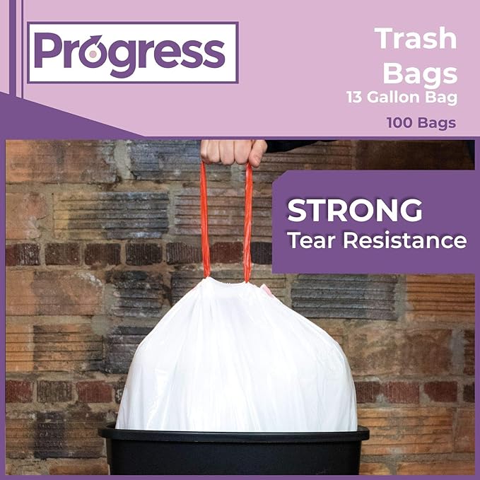 Progress Drawstring Trash Bags – 13 Gallon Portable Tall Garbage Bags Can Liners for Kitchen Office Bathroom Garage | Waste Disposal Supplies (100 Count)