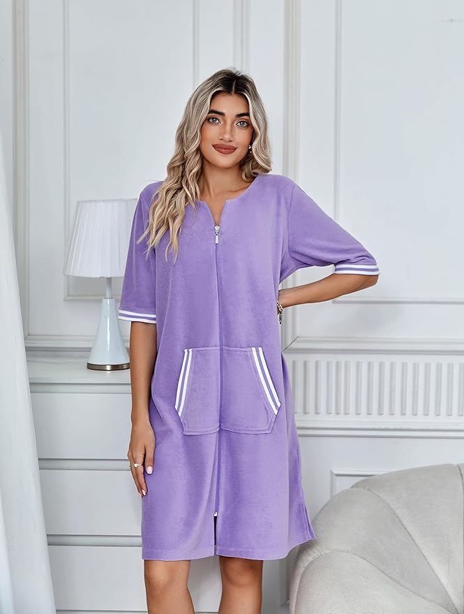 Richie House RH Housecoat Women Zipper Front Duster Robe 3/4 Lounger Housedress Pocket Nightgown S-3XL RHW4008