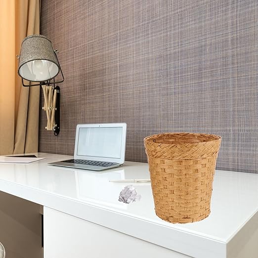 IMIKEYA Wicker Waste Paper Basket Small Woven Basket Desktop Trash Can Wastebasket Decorative Waste Bin Round Garbage Can Rubbish Basket for Bedroom Bathroom Office Home