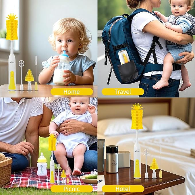 Electric Bottle Brush Cleaner Portable Electric Baby Bottle Brush Cleaner for Travel Rechargable Travel Bottle Cleaner Kit with Nipple &amp Straw Brush Perfect Mom Essentials After Birth Gift Yel