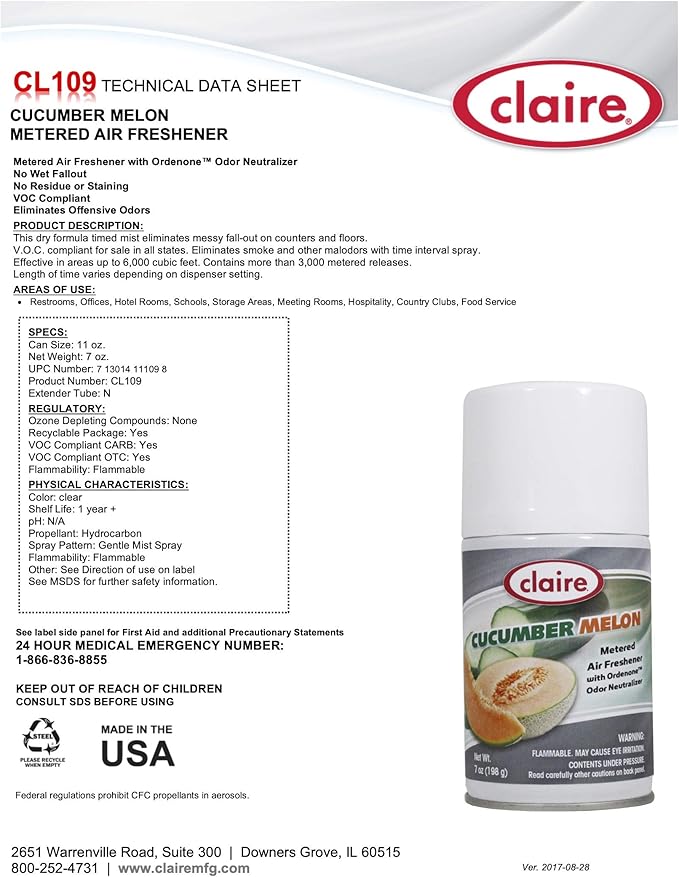 Claire CL109-12pk Cucumber Melon Metered Air Freshener 7 Oz. Net Wt. 12 Pack 12 Count