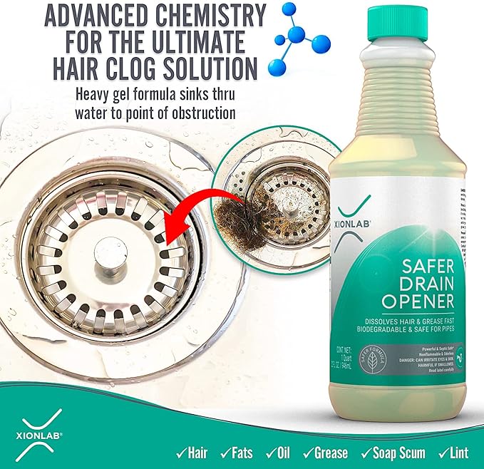 XionLab Safer Greener Drain Clog Remover – Industrial-Strength Liquid Drain Cleaner for Hair &amp Grease – Septic Safe Odorless Biodegradable for Bathroom Sink Bath Tub &amp Shower Drain – 32 o