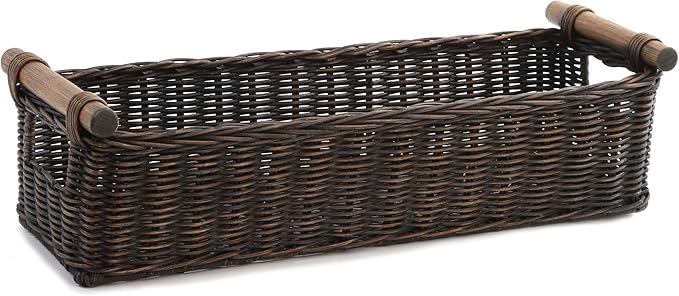 The Basket Lady Long Narrow Pole Handle Wicker Basket Small 17 in L x 5 in W x 5.25 in H Antique Walnut Brown