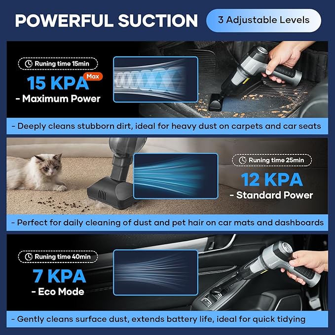 Mini Vacuum Cleaner 3 in 1 Car Vacuum Cleaner High Power 15000PA Powerful Suction Air Duster 7500mAh Dual FilterAdjustable Small Vaccum Portable Cordless for CarsDesktopHome - HL137