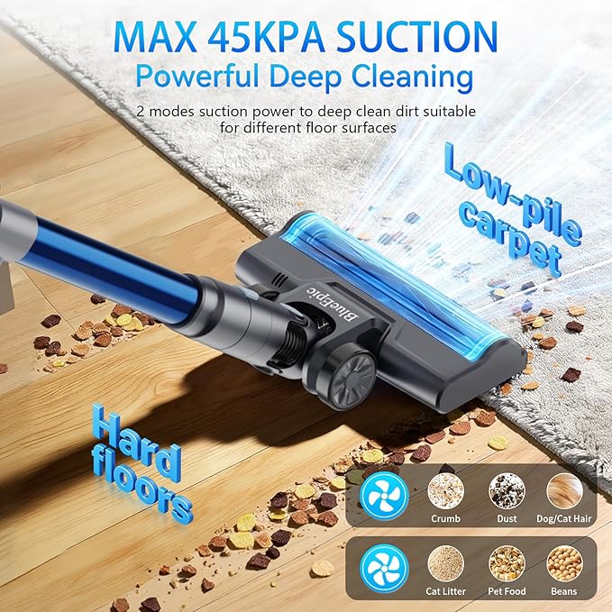 BlueEpic Cordless Vacuum Cleaner 45KPA 45Mins Rechargeable Vacuum Cordless Stick Vacuum with 2 Adjustable Modes Handheld Vacuum for Home/Pet Hair/Carpet/Floor