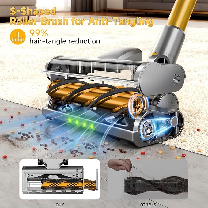 Cordless Stick Vacuum Cleaner - Rechargeable45Kpa Powerful Suction Vacuum for Home45Mins RuntimeDetachable BatteryAnti-Tangle 8 in 1 Lightweight Vacuum for Pet Hair Carpet HardwoodYellow