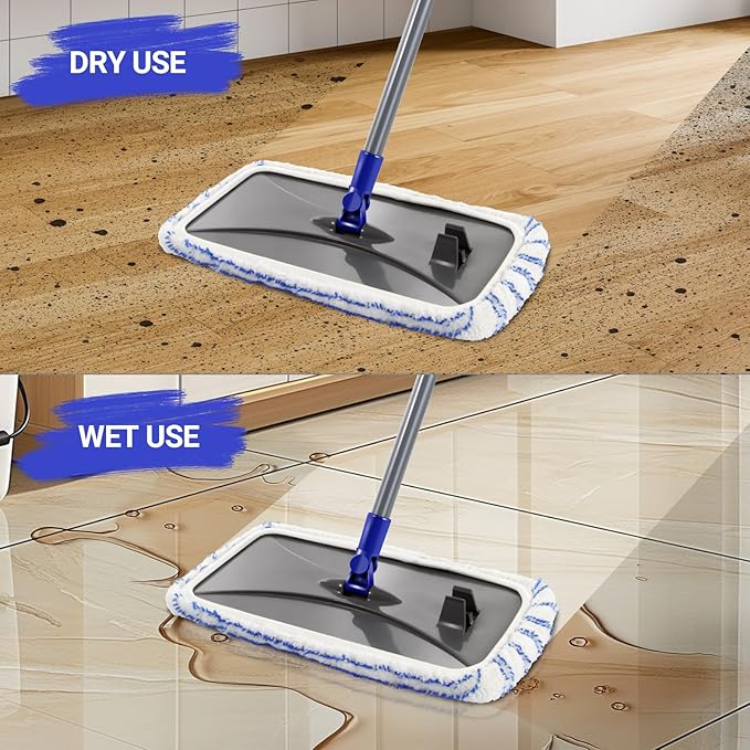 Masthome Extra Large Microfiber Mop for Floor Cleaning 16“ Flat Mop with 5 Pad for Wet &amp Dry Use Dust Mop for Hardwood Laminate Tile Ceramic 1 Cleaning Scraper Included-Blue
