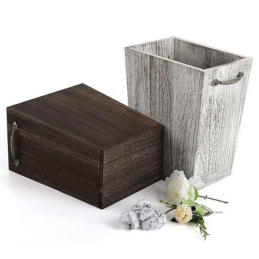 Trash Can Wastebasket Wood Garbage Container Bin with Built-in Double Metal Handles for Office Bedroom and Bathroom Dark Brown