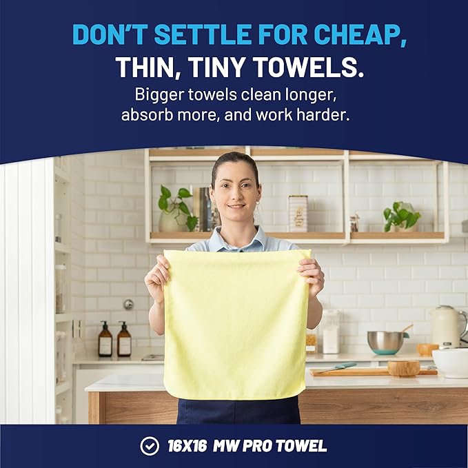MW Pro Microfiber Cleaning Cloth | Blue Green Yellow (12 Pack) | Size 16 x 16 | All Purpose Microfiber Towels - Clean Dust Polish Scrub Absorbent