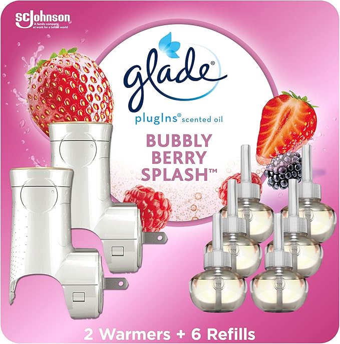 Glade PlugIns Refills Air Freshener Starter Kit Scented and Essential Oils for Home and Bathroom Bubbly Berry Splash 4.02 Fl Oz 2 Warmers + 6 Refills
