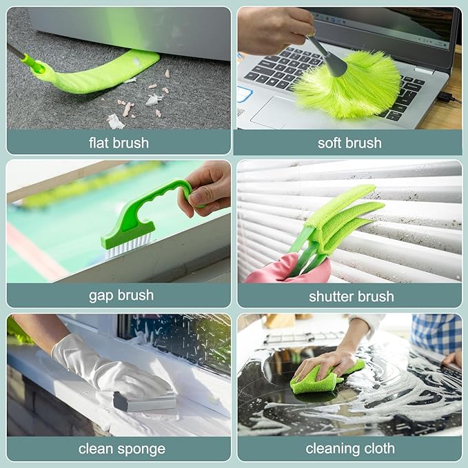 Microfiber Duster with Extension Pole 30 to 100'' Bendable Reusable Washable Feather Dusters for Cleaning High Ceiling Fan Cobweb Blinds Keyboard Furniture &amp Cars Green Gift for Women (11 PC