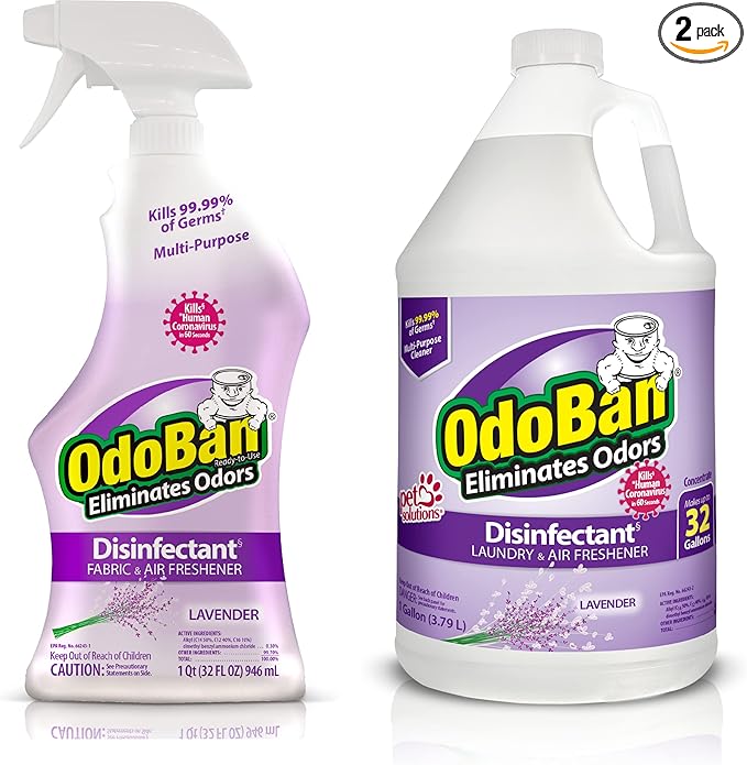 OdoBan Ready-to-Use Disinfectant and Odor Eliminator Made in the USA Lavender Scent Set of 2 32 oz Spray and 1 Gallon Concentrate
