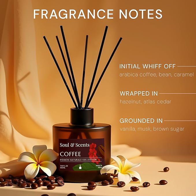 Soul &amp Scents Reed Diffuser Set – Coffee | 7.43 oz Refillable Scented Oil with 6 Fiber Sticks | Long-Lasting Home Fragrance &amp Air Freshener for Bedroom Bathroom Office | Gift &amp Décor Pie