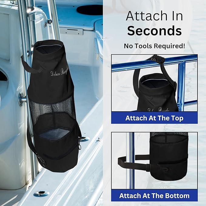 Boat Trash Bag - Heavy-Duty 600D Mesh Oxford Fabric with Bottom Zipper and Top Rubber Closure - Leakproof and Washable for Boats Kayaks Campers RVs and More
